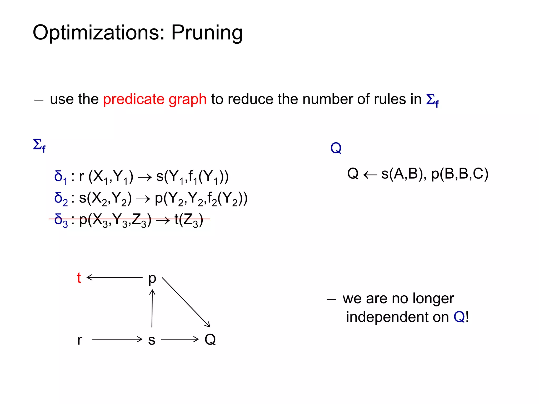 Optimizations: Pruning


¡ use the predicate graph to reduce the number of rules in f


f                                          Q
     δ1 : r (X1,Y1)  s(Y1,f1(Y1))              Q  s(A,B), p(B,B,C)
     δ2 : s(X2,Y2)  p(Y2,Y2,f2(Y2))
     δ3 : p(X3,Y3,Z3)  t(Z3)


        t           p
                                            ¡ we are no longer
                                              independent on Q!
        r           s        Q
 