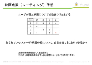 映画点数（レーティング）予想

     ユーザが見た映画について点数をつけたとする
           movie
          user     W   X   Y   Z
            A      5   4   1   4
            B      4
            C          2   3
            D      1       4   ?




知られていないユーザ・映画の組について、点数を当てることができるか？


     点数付けは疎行列として表現される
     行列のゼロ要素の意味するものは実際には「ゼロ」ではなくて「不明」


                                        12
 