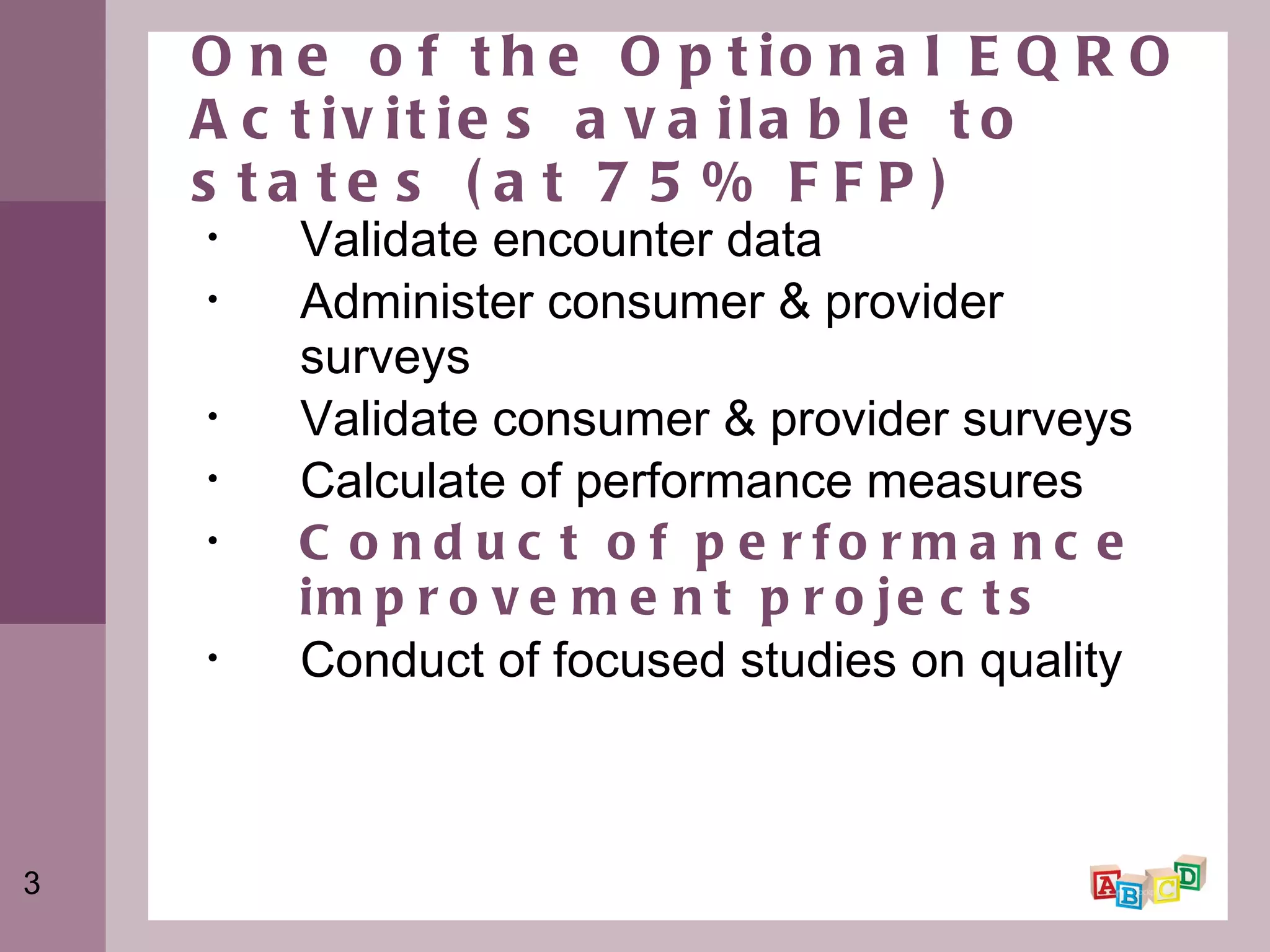 One of the Optional EQRO Activities available to states (at 75% FFP) Validate encounter data Administer consumer & provider surveys Validate consumer & provider surveys Calculate of performance measures Conduct of performance improvement projects Conduct of focused studies on quality 