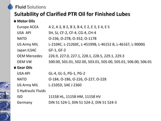 Material Balance Used Oil Grade A
                                         Sulfuric Acid 96% 0,7%
                                         Bleaching Clay 2,08%
                                         Alkalihydroxide 1,7%




                                           Auxiliaries 4,48%
                                                                       Process Fuel
Used oil 100%
Including:                                                                            Gasoil 2%
5% Water                                                                              Basestock 56,7%
1% Ester Oil            Input 100%                                Output 93,14%       Spindleoil 29,64%
1% Solvents                                                                           Bottom 4,8%
1% Unvaporables
2% Gasoil / Fuel No.4


                                            „Waste“ 11,34%




                                            Water 5%
                                            Fumes 1%
                                            Acid Tar 1,4%
                                            Used Clay 3,94%
 
