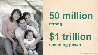 50 million
strong


$1 trillion
spending power
             RBFF, 2012, AdAge 2012
 