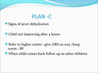 PLAN -C
Signs of sever dehydration
Child not improving after 4 hours
Refer to higher center –give ORS on way /keep
warm /BF
When child comes back follow up as other children
 