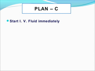 Start I. V. Fluid immediately
PLAN – C
 