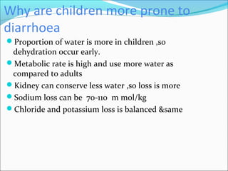 Why are children more prone to
diarrhoea
Proportion of water is more in children ,so
dehydration occur early.
Metabolic rate is high and use more water as
compared to adults
Kidney can conserve less water ,so loss is more
Sodium loss can be 70-110 m mol/kg
Chloride and potassium loss is balanced &same
 