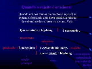 Quando o sujeito é oracional
           Quando um dos termos da oração (o sujeito) se
           expande, formando uma nova oração, a relação
             de subordinação se torna mais clara. Veja:

            Que se estude o big-bang           é necessário .

            Invertendo:
                              substantivo
                                  ↓
predicado→ É necessário  o estudo do big-bang. →sujeito
                           que se estude o big-bang. nova oração
                                                    →
                ↓
                                     ↓                 subordinada
            oração                  verbo             com valor de
            principal
                                                            sujeito
 