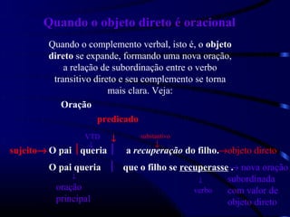 Quando o objeto direto é oracional
         Quando o complemento verbal, isto é, o objeto
         direto se expande, formando uma nova oração,
             a relação de subordinação entre o verbo
          transitivo direto e seu complemento se torna
                         mais clara. Veja:
            Oração
                      predicado
                 VTD           substantivo
                        ↓
                  ↓                 ↓
sujeito→ O pai  queria    a recuperação do filho.→objeto direto
         O pai queria  que o filho se recuperasse → nova oração
                                                   .
              ↓                                   subordinada
                                           ↓
          oração                          verbo   com valor de
          principal                               objeto direto
 