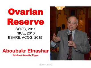 Ovarian
Reserve
SOGC, 2011
NICE, 2013
ESHRE, ACOG, 2015
Aboubakr Elnashar
Benha university, Egypt
ABOUBAKR ELNASHAR
 
