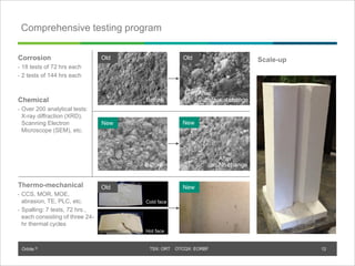 Orbite © TSX: ORT OTCQX: EORBF
Corrosion
• 18 tests of 72 hrs each
• 2 tests of 144 hrs each
Chemical
• Over 200 analytical tests:
X-ray diffraction (XRD),
Scanning Electron
Microscope (SEM), etc.
Thermo-mechanical
• CCS, MOR, MOE,
abrasion, TE, PLC, etc.
• Spalling: 7 tests, 72 hrs ,
each consisting of three 24-
hr thermal cycles
After
Substantial change
Old
New
Old New
New
New
Old
Comprehensive testing program
Scale-up
Cold face
Hot face
After
No change
12
Before
Before
 