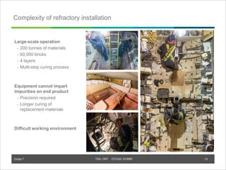 Orbite © TSX: ORT OTCQX: EORBF
Complexity of refractory installation
Large-scale operation
• 200 tonnes of materials
• 60,000 bricks
• 4 layers
• Multi-step curing process
Equipment cannot impart
impurities on end product
• Precision required
• Longer curing of
replacement materials
Difficult working environment
13
 