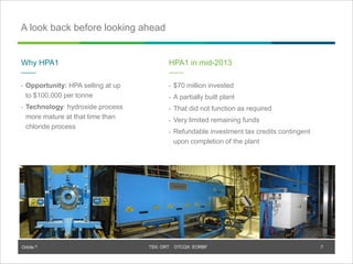 Orbite © TSX: ORT OTCQX: EORBF
TSX: ORT OTCQX: EORBF
A look back before looking ahead
Why HPA1
• Opportunity: HPA selling at up
to $100,000 per tonne
• Technology: hydroxide process
more mature at that time than
chloride process
HPA1 in mid-2013
• $70 million invested
• A partially built plant
• That did not function as required
• Very limited remaining funds
• Refundable investment tax credits contingent
upon completion of the plant
7
 