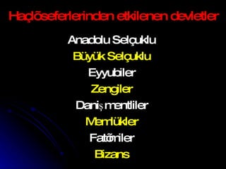 Haçlı seferlerinden etkilenen devletler Anadolu Selçuklu Büyük Selçuklu Eyyubiler Zengiler Danişmentliler Memlükler Fatımiler Bizans 