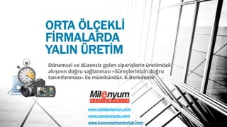 ORTA ÖLÇEKLİ
FİRMALARDA
YALIN ÜRETİM
Dönemsel ve düzensiz gelen siparişlerin üretimdeki
akışının doğru sağlanması «Süreçlerinizin doğru
tanımlanması» ile mümkündür. K.Berkdemir
www.tekdanisman.com
www.zamanetudu.com
www.kurumsalmentorluk.com
 