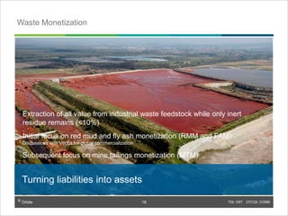 © Orbite TSX: ORT OTCQX: EORBF
Extraction of all value from industrial waste feedstock while only inert
residue remains (<10%)
Initial focus on red mud and fly ash monetization (RMM and FAM)
Discussions with Veolia for global commercialization
Subsequent focus on mine tailings monetization (MTM)
TSX: ORT OTCQX: EORBF18© Orbite
Turning liabilities into assets
Waste Monetization
18
 