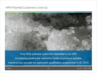 © Orbite TSX: ORT OTCQX: EORBF
Over thirty potential customers interested in our HPA
Completing small-scale calcination facility to produce samples
Intend to ship samples for customers’ qualification programmes in Q1 2015
23
HPA Potential Customers Lined Up
23
 