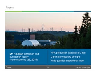 © Orbite TSX: ORT OTCQX: EORBF
$117 million extraction and
purification facility
(commissioning Q3, 2015)
HPA production capacity of 3 tpd
Calcinator capacity of 5 tpd
Fully qualified operational team
Assets
TSX: ORT OTCQX: EORBF11© Orbite
11
 