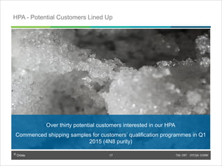 © Orbite TSX: ORT OTCQX: EORBF
Over thirty potential customers interested in our HPA
Commenced shipping samples for customers’ qualification programmes in Q1
2015 (4N8 purity)
17
HPA - Potential Customers Lined Up
17
 
