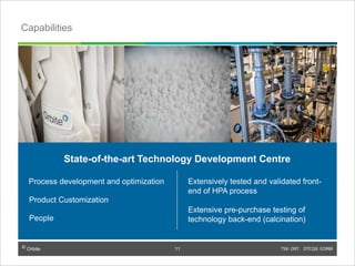 © Orbite TSX: ORT OTCQX: EORBF
Capabilities
Process development and optimization
Product Customization
People
Extensively tested and validated front-
end of HPA process
Extensive pre-purchase testing of
technology back-end (calcination)
11
State-of-the-art Technology Development Centre
11
 