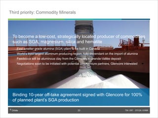 © Orbite TSX: ORT OTCQX: EORBF
Third priority: Commodity Minerals
Binding 10-year off-take agreement signed with Glencore for 100%
of planned plant’s SGA production
To become a low-cost, strategically located producer of commodities
such as SGA, magnesium, silica and hematite
First smelter grade alumina (SGA) plant to be built in Canada
World’s third largest aluminum producing region, fully dependant on the import of alumina
Feedstock will be aluminous clay from the Company’s Grande-Vallée deposit
Negotiations soon to be initiated with potential joint-venture partners, Glencore interested
TSX: ORT OTCQX: EORBF23
23
 