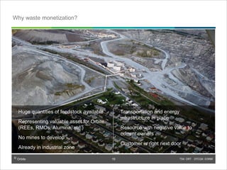 © Orbite TSX: ORT OTCQX: EORBF
Waste monetization: strategic advantages
Huge quantities of feedstock available
Representing valuable asset for Orbite
(REEs, RMOs, Alumina, etc.)
No mines to develop
Already in industrial zone
TSX: ORT OTCQX: EORBF19
Why waste monetization?
Transportation and energy
infrastructure in place
Resource with negative value to
current owners
Customer is right next door
19
 