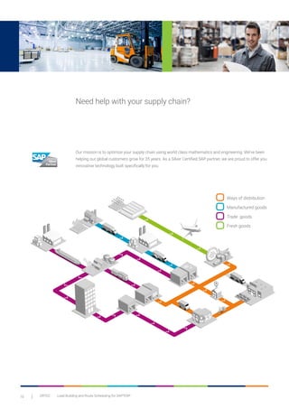 10 ORTEC	 Load Building and Route Scheduling for SAP®
ERP
Need help with your supply chain?
Our mission is to optimize your supply chain using world class mathematics and engineering. We’ve been
helping our global customers grow for 35 years. As a Silver Certified SAP partner, we are proud to offer you
innovative technology built specifically for you.
Ways of distribution
Manufactured goods
Trade goods
Fresh goods
 