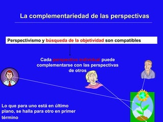 La complementariedad de las perspectivas
Perspectivismo y búsqueda de la objetividad son compatibles
Cada perspectiva individual puede
complementarse con las perspectivas
de otros
Lo que para uno está en último
plano, se halla para otro en primer
término
 