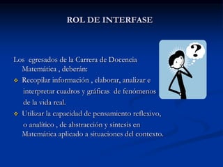 ROL DE INTERFASE

Los egresados de la Carrera de Docencia
Matemática , deberán:
 Recopilar información , elaborar, analizar e
interpretar cuadros y gráficas de fenómenos
de la vida real.
 Utilizar la capacidad de pensamiento reflexivo,
o analítico , de abstracción y síntesis en
Matemática aplicado a situaciones del contexto.

 