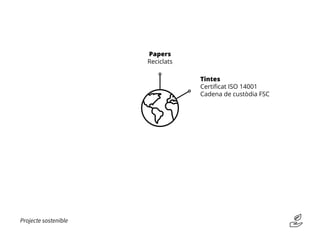 Projecte sostenible
Papers
Reciclats
Tintes
Certificat ISO 14001
Cadena de custòdia FSC
 