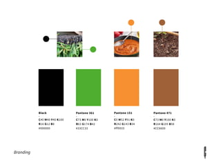 Black
-
C40 M40 Y40 K100
R16 G12 B8
#000000
Pantone 151
-
C0 M52 Y91 K0
R242 G143 B34
#ff9933
Pantone 361
-
C73 M0 Y100 K0
R63 G174 B42
#33CC33
Pantone 471
-
C73 M0 Y100 K0
R164 G105 B58
#CC6600
Branding
 