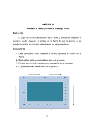 127
ANEXO Nº 11
Prueba Nº 2. Clase aplicando la estrategia lúdica.
Explicación
El juego se denomina El Recorrido de la Flecha, y consiste en completar el
siguiente cuadro siguiendo el sentido de la flecha lo cual le permite a los
estudiantes aplicar las operaciones básicas de los números enteros.
Instrucciones
1. Cada participante debe completar el cuadro siguiendo el sentido de la
flecha.
2. Debe realizar cada operación básica que se le presente.
3. Encierra en un círculo los números primos existentes en el cuadro.
4. El que lo realice en menor tiempo es el ganador.
UNIVERSIDAD VALLE DEL MOMBOY
72 x = 216 + = 220
=
3
X
=
114
-
3
X
46
-
=
20
X
5
-
=
= + 14 = - 40
 