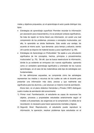 metas y objetivos propuestos, en el aprendizaje el autor puede distinguir dos
tipos:
• Estrategias de aprendizaje superficial: Permiten recordar la información
por asociación poco trascendente y no se producen enlaces significativos.
Se trata de repetir en forma literal una información, sin existir una real
comprensión de los problemas, procesos o conceptos involucrados, por
ello, lo aprendido se olvida fácilmente. Solo existe una ventaja, de
acuerdo al mismo autor, “que demanda poco tiempo y esfuerzo, siendo
útil cuando se dispone de material escaso y poco significativo” (p. 69).
• Estrategias de Aprendizaje en Profundidad: “Se apela a una articulación
significativa de los conceptos, hechos, principios o procedimientos
involucrados” (p. 70). De allí, que se busca reestructurar la información,
donde la ya existente se enriquece con nuevos significados, operando
como un verdadero aprendizaje significativo y orientador de los nuevos
aprendizajes, en el caso de las matemáticas este tipo de estrategias son
fundamentales.
En las definiciones expuestas, se comprende cómo las estrategias
representan los medios o recursos de los cuales se vale el docente para
presentar una información más clara, precisa y que realmente sea
significativa para los alumnos, y así alcanzar un máximo nivel de asimilación.
Ahora bien, en el plano didáctico Hernández y Pineda (1997) distinguen
cuatro niveles de asimilación del conocimiento:
1) Primer nivel: Familiarización, el estudiante es capaz de reconocer los
objetos, procesos y propiedades estudiadas anteriormente según el
modelo a él presentado, las exigencias en la comprensión, lo sólido de la
recordación, lo necesario para hacer operaciones mentales y lógicas.
2) Segundo Nivel: Reproducción, el estudiante puede reproducir la
información, la operación, resolver problemas tipos estudiados en el
 