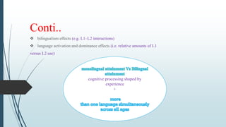 Conti..
 bilingualism effects (e.g. L1–L2 interactions)
 language activation and dominance effects (i.e. relative amounts of L1
versus L2 use)
cognitive processing shaped by
experience
+
 