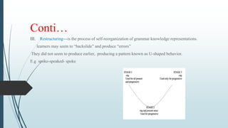 Conti…
III. Restructuring---is the process of self-reorganization of grammar knowledge representations.
learners may seem to “backslide” and produce “errors”
They did not seem to produce earlier, producing a pattern known as U-shaped behavior.
E.g spoke-speaked- spoke
 