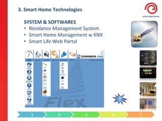 3.	
  Smart	
  Home	
  Technologies	
  

   SYSTEM	
  &	
  SOFTWARES	
  
   •  Residance	
  Management	
  System	
  
   •  Smart	
  Home	
  Management	
  w	
  KNX	
  
   •  Smart	
  Life	
  Web	
  Portal	
  




       1	
             2	
                3	
       4	
     5	
  
 