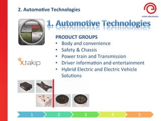2.	
  Automo3ve	
  Technologies	
  




                    PRODUCT	
  GROUPS	
  
                    •  Body	
  and	
  convenience	
  
                    •  Safety	
  &	
  Chassis	
  
                    •  Power	
  train	
  and	
  Transmission	
  	
  
                    •  Driver	
  informa;on	
  and	
  entertainment	
  
                    •  Hybrid	
  Electric	
  and	
  Electric	
  Vehicle	
  
                       Solu;ons	
  
                    •  Telema;c	
  




       1	
           2	
              3	
             4	
             5	
  
 
