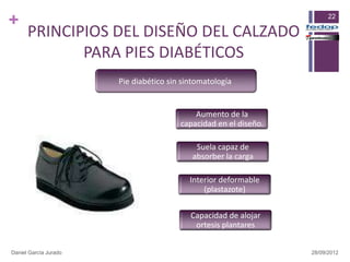 +                                                                       22

      PRINCIPIOS DEL DISEÑO DEL CALZADO
             PARA PIES DIABÉTICOS
                       Pie diabético sin sintomatología


                                            Aumento de la
                                        capacidad en el diseño.

                                            Suela capaz de
                                           absorber la carga

                                           Interior deformable
                                               (plastazote)

                                           Capacidad de alojar
                                            ortesis plantares


Daniel García Jurado                                              28/09/2012
 