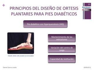 +                                                                              23

         PRINCIPIOS DEL DISEÑO DE ORTESIS
          PLANTARES PARA PIES DIABÉTICOS

                       Pie diabético con hiperqueratosis (HQ)




                                                Mantenimiento de las
                                                    estructuras


                                               Variación del centro de
                                                        carga


                                              Capacidad de restitución


Daniel García Jurado                                                     28/09/2012
 