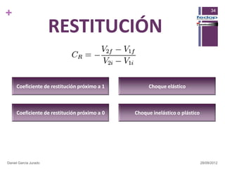 +                                                                                  34



                       RESTITUCIÓN

     Coeficiente de restitución próximo a 1         Choque elástico



     Coeficiente de restitución próximo a 0   Choque inelástico o plástico




Daniel García Jurado                                                         28/09/2012
 