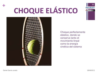 +                                                     35



               CHOQUE ELÁSTICO

                         Choque perfectamente
                         elástico, donde se
                         conserva tanto el
                         movimiento lineal
                         como la energía
                         cinética del sistema




Daniel García Jurado                            28/09/2012
 