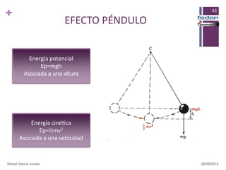 +                                               43

                         EFECTO PÉNDULO


            Energía potencial
                Ep=mgh
          Asociada a una altura




           Energía cinética
              Ep=½mv2
       Asociada a una velocidad


Daniel García Jurado                      28/09/2012
 