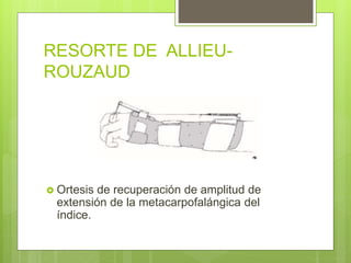 RESORTE DE ALLIEU-
ROUZAUD
 Ortesis de recuperación de amplitud de
extensión de la metacarpofalángica del
índice.
 