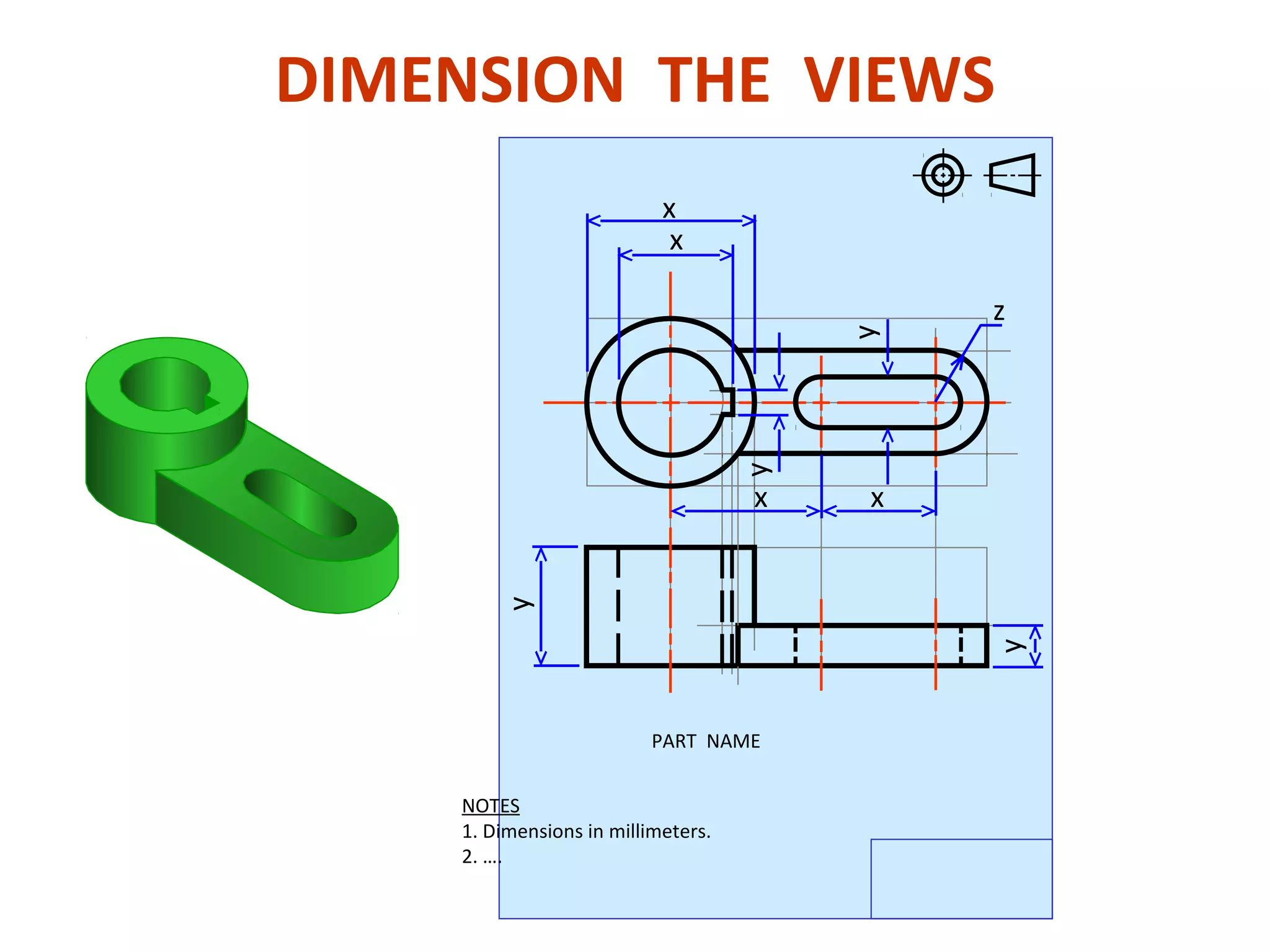 DIMENSION THE VIEWS
NOTES
1. Dimensions in millimeters.
2. ….
PART NAME
x
x
x x
y
y
y
y
z
 