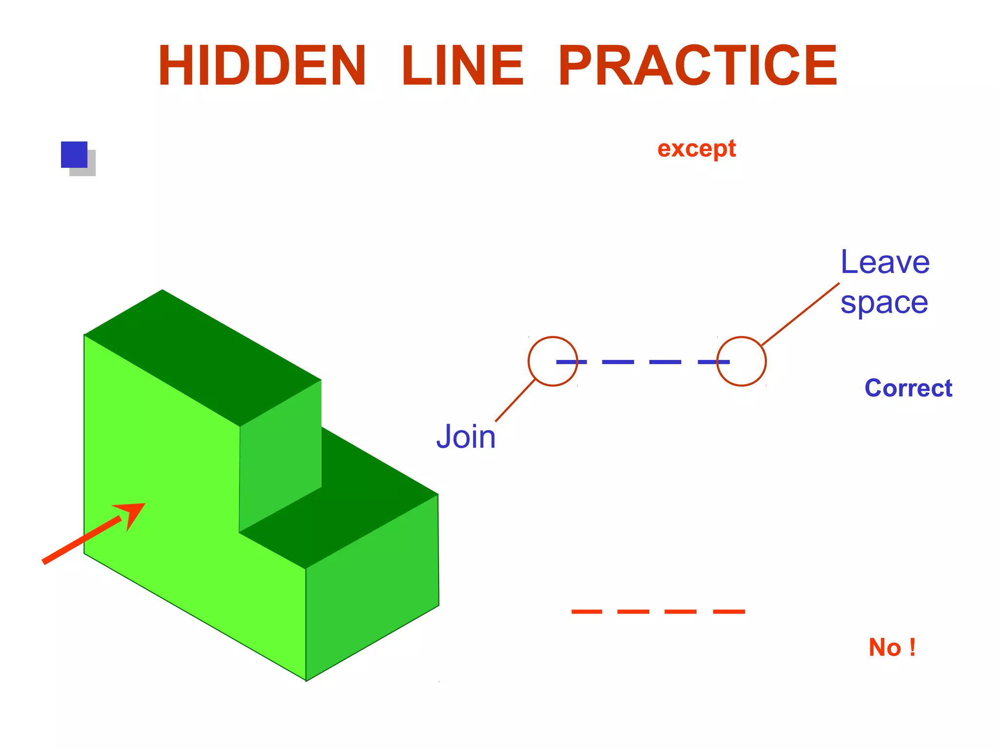 HIDDEN LINE PRACTICE
Hidden line should join a visible line, except it
extended from the visible line.
Correct
No !
Join
Leave
space
 