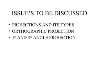 ISSUE’S TO BE DISCUSSED
• PROJECTIONS AND ITS TYPES
• ORTHOGRAPHIC PROJECTION
• 1ST
AND 3RD
ANGLE PROJECTION
 