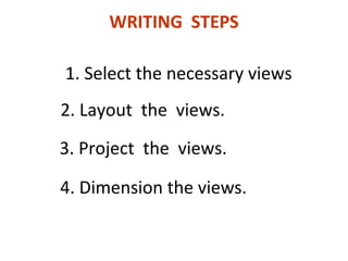 WRITING STEPS
1. Select the necessary views
2. Layout the views.
3. Project the views.
4. Dimension the views.
 