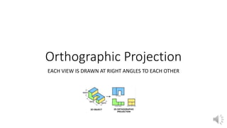 Orthographic Projection
EACH VIEW IS DRAWN AT RIGHT ANGLES TO EACH OTHER
 