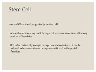 Stem Cell
• An undifferentiated progenitor/primitive cell
• A: capable of renewing itself through cell division, sometimes after long
periods of inactivity
• B: Under certain physiologic or experimental conditions, it can be
induced to become a tissue- or organ-specific cell with special
functions
 