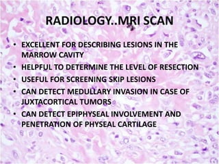 RADIOLOGY..MRI SCAN
• EXCELLENT FOR DESCRIBING LESIONS IN THE
MARROW CAVITY
• HELPFUL TO DETERMINE THE LEVEL OF RESECTION
• USEFUL FOR SCREENING SKIP LESIONS
• CAN DETECT MEDULLARY INVASION IN CASE OF
JUXTACORTICAL TUMORS
• CAN DETECT EPIPHYSEAL INVOLVEMENT AND
PENETRATION OF PHYSEAL CARTILAGE

 
