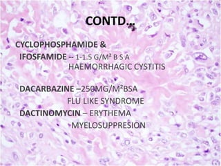 CONTD…
CYCLOPHOSPHAMIDE &
IFOSFAMIDE -- 1-1.5 G/M² B S A
HAEMORRHAGIC CYSTITIS
DACARBAZINE –250MG/M²BSA
FLU LIKE SYNDROME
DACTINOMYCIN – ERYTHEMA
MYELOSUPPRESION

 