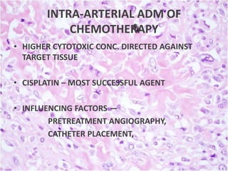 INTRA-ARTERIAL ADM OF
CHEMOTHERAPY
• HIGHER CYTOTOXIC CONC. DIRECTED AGAINST
TARGET TISSUE
• CISPLATIN – MOST SUCCESSFUL AGENT
• INFLUENCING FACTORS —
PRETREATMENT ANGIOGRAPHY,
CATHETER PLACEMENT,

 