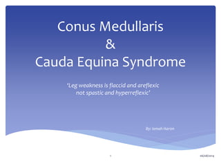 Conus Medullaris
&
Cauda Equina Syndrome
By: Ismah Haron
06/08/20141
‘Leg weakness is flaccid and areflexic
not spastic and hyperreflexic’
 